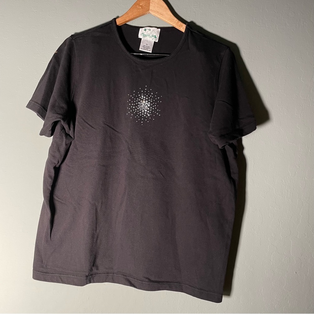 The Quacker Factory Black T-Shirt with Rhinstones 1X Celestial